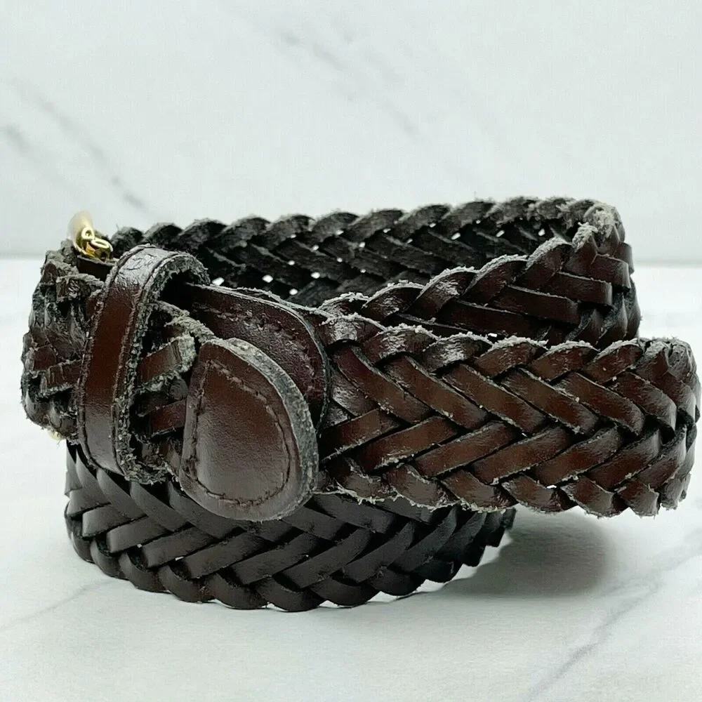 Brown Braided Woven Genuine Leather Belt Size Medium M Kids Youth
